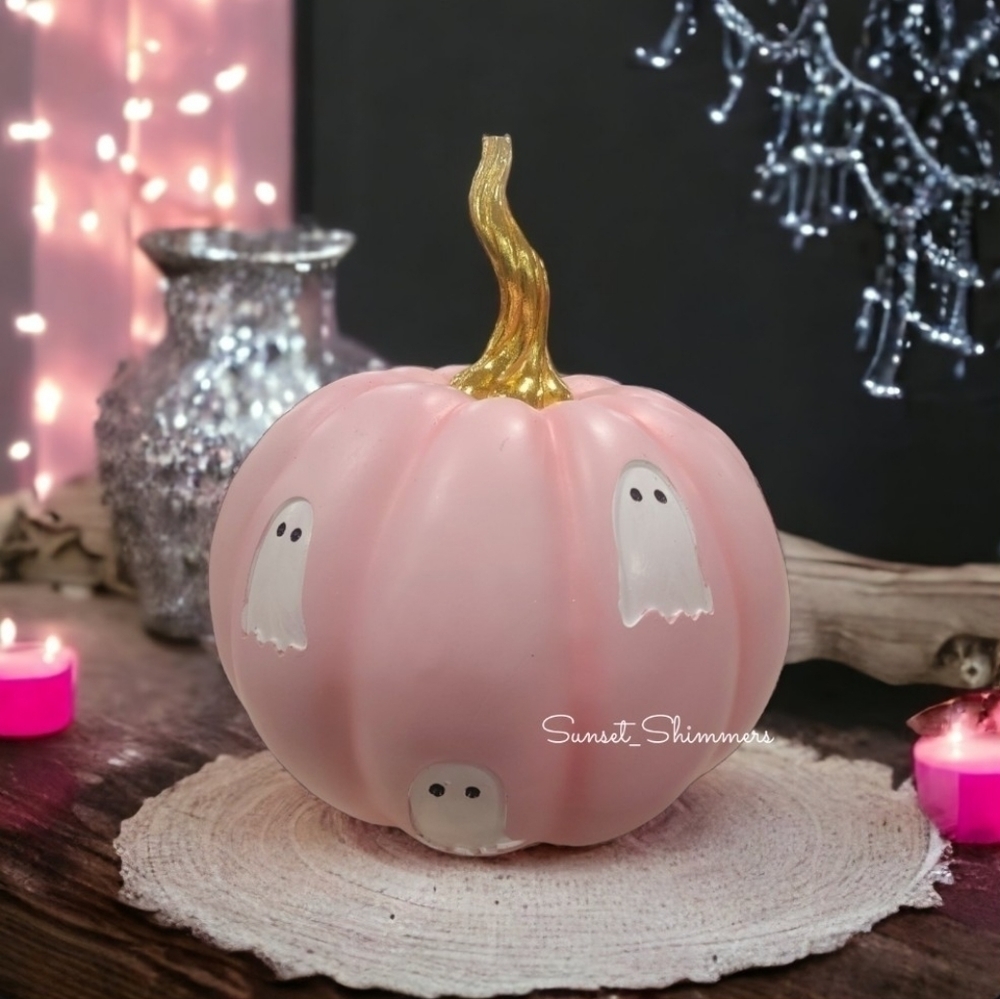 Halloween Shabby Chic Pink Pumpkin w Ghost Gold Stem Holiday Figure Decor NEW